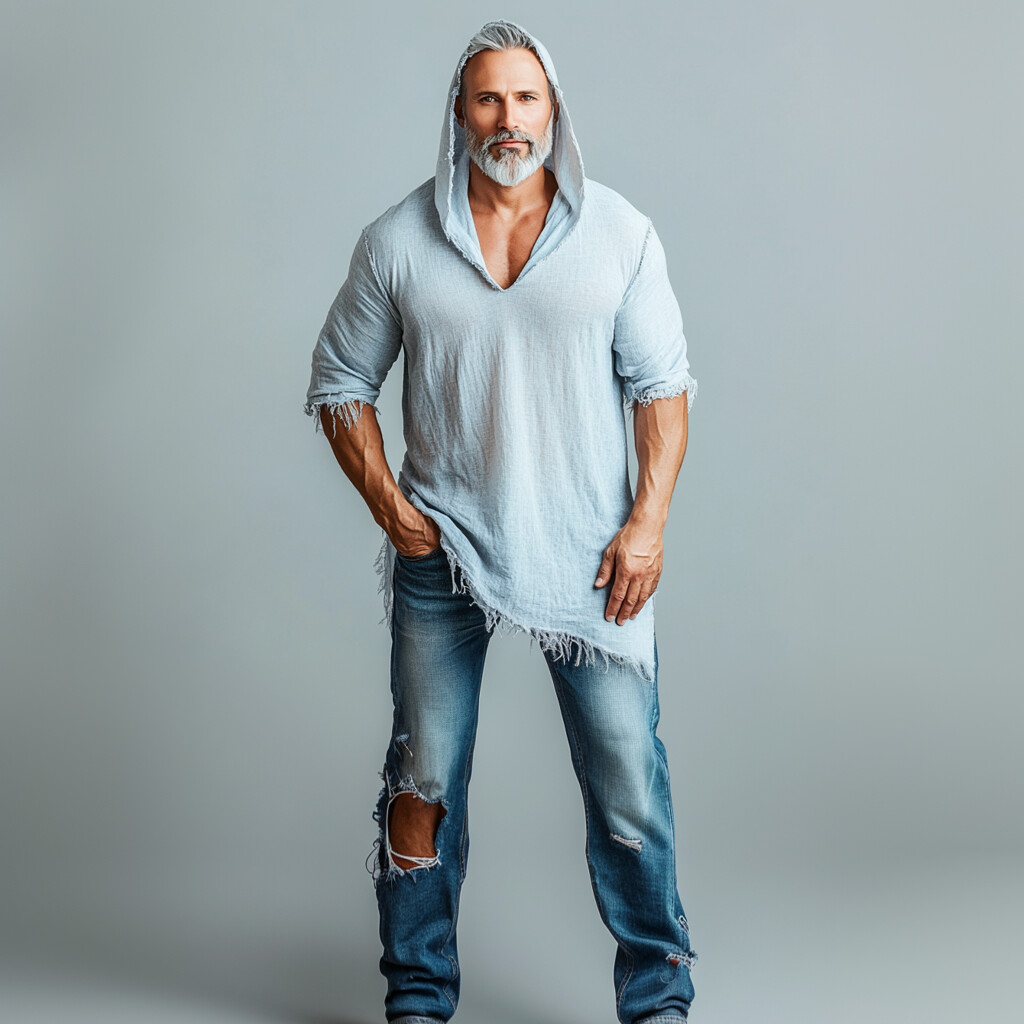 Men's Raw Edge 3/4 Sleeve Irregular Hem Hooded Shirt