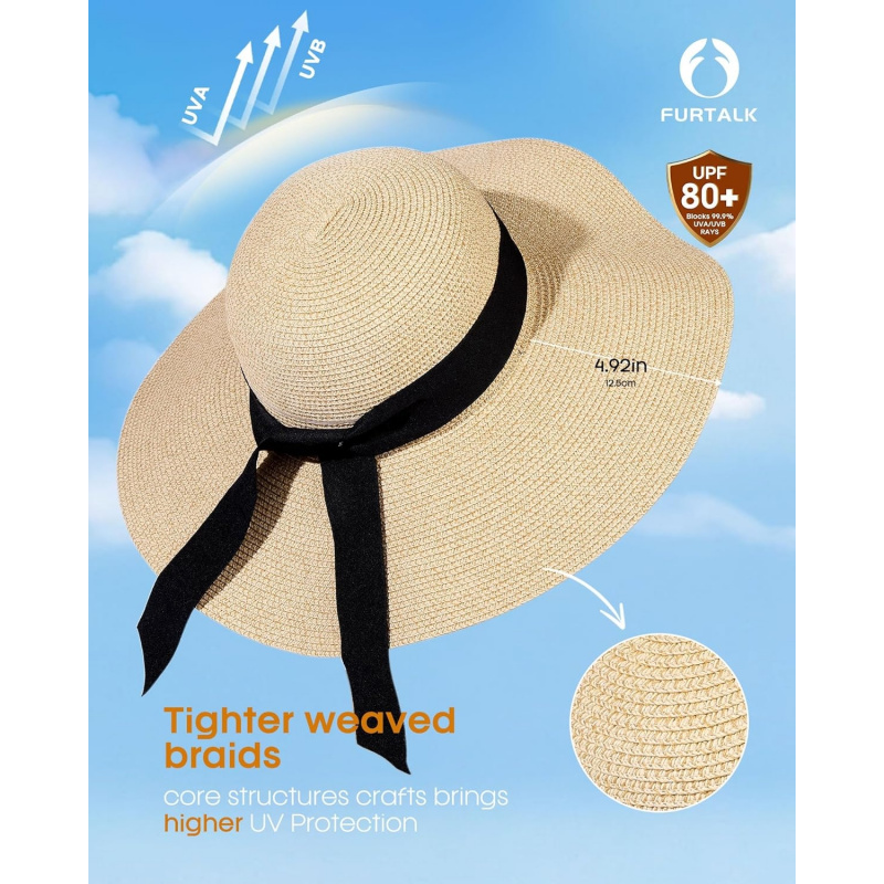 Women's Sun Straw Hat Wide Brim UPF 80