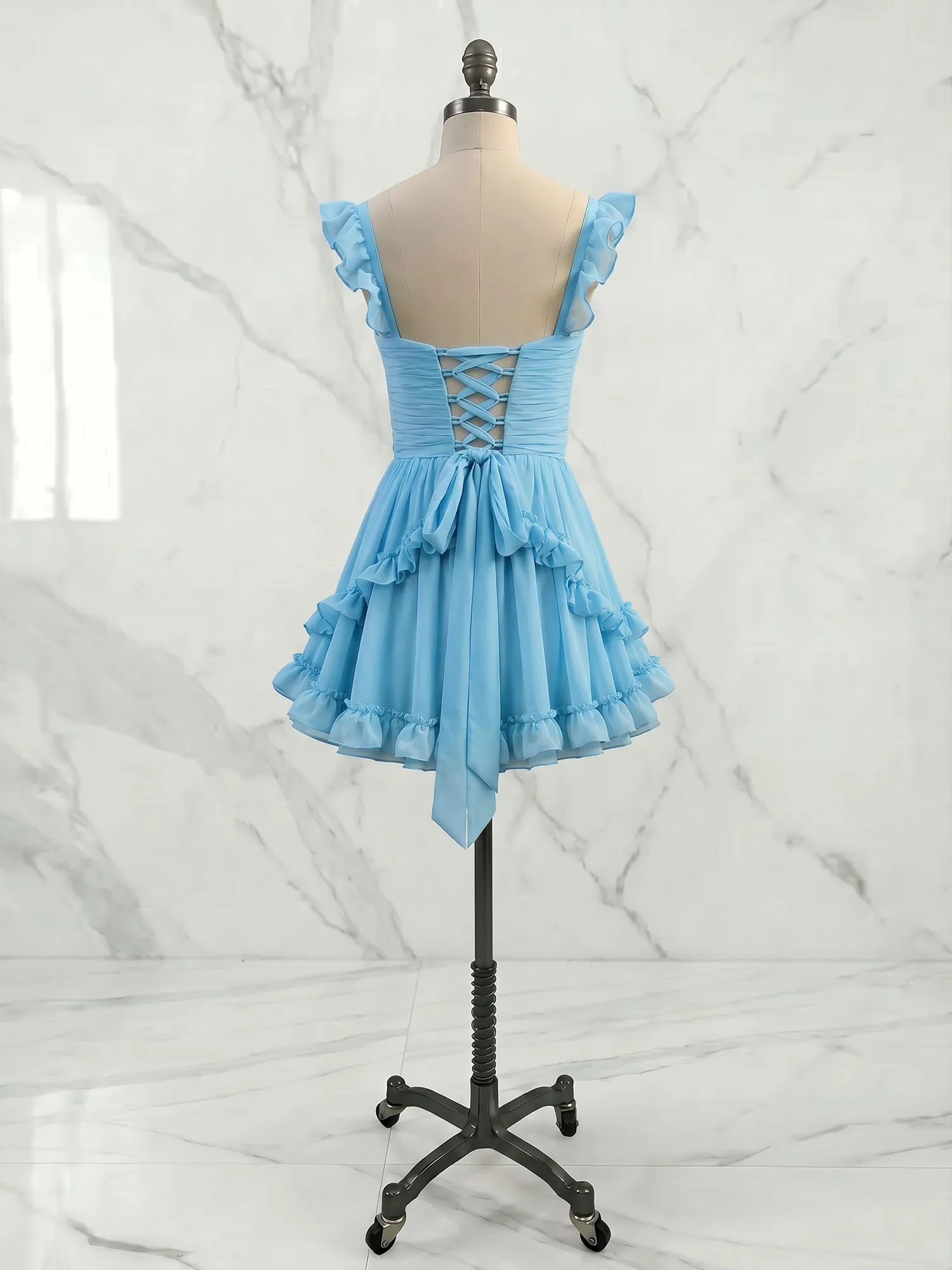 Sweetheart Ruffle Strap Tiered Chiffon Mini Homecoming Dress