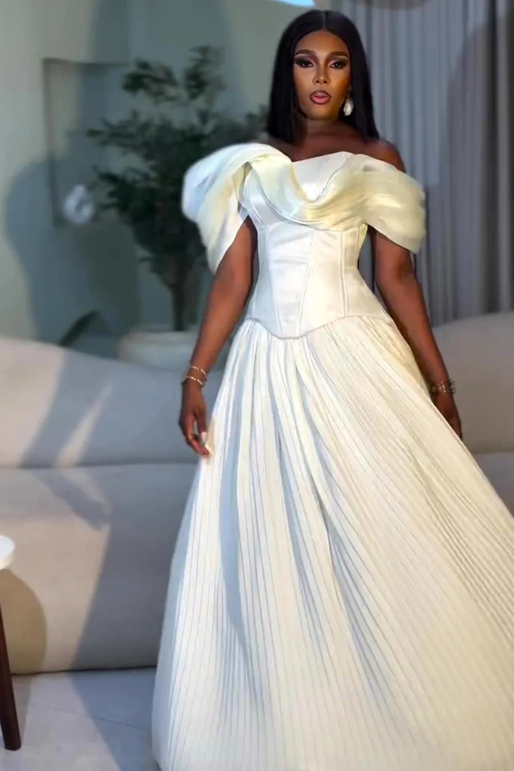 Off Shoulder Bandeau Corset Pleated Party Maxi Dresses-White