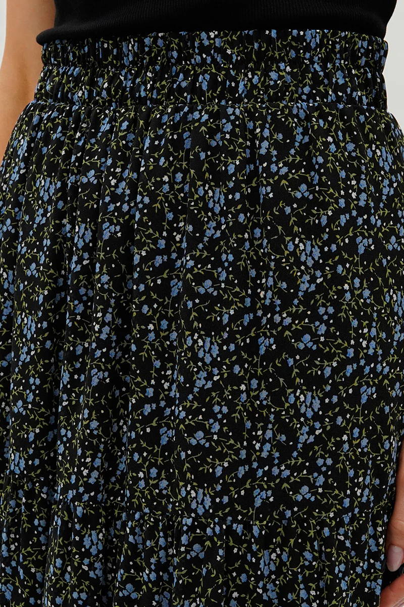 Floral Tiered Chiffon Maxi Skirt - Black