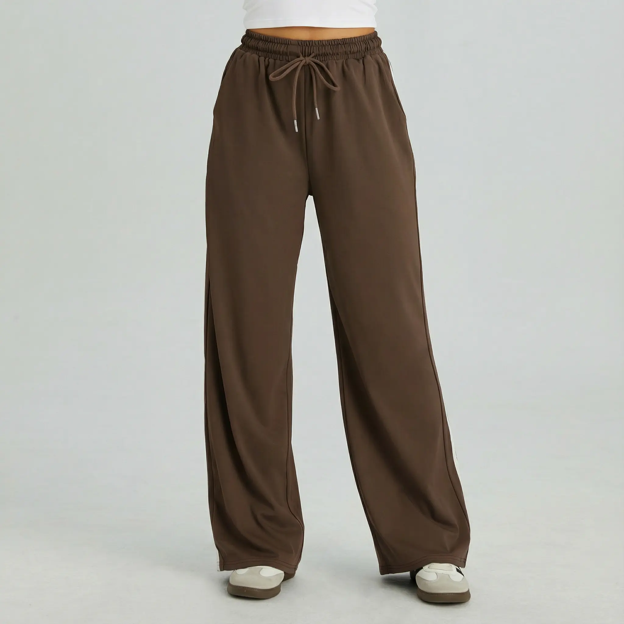 Women's Casual High Waist Striped Wide Leg Trousers, Sporty Drawstring Waist Side Pocket Outfit, Minimalist Versatile Women's Bottom