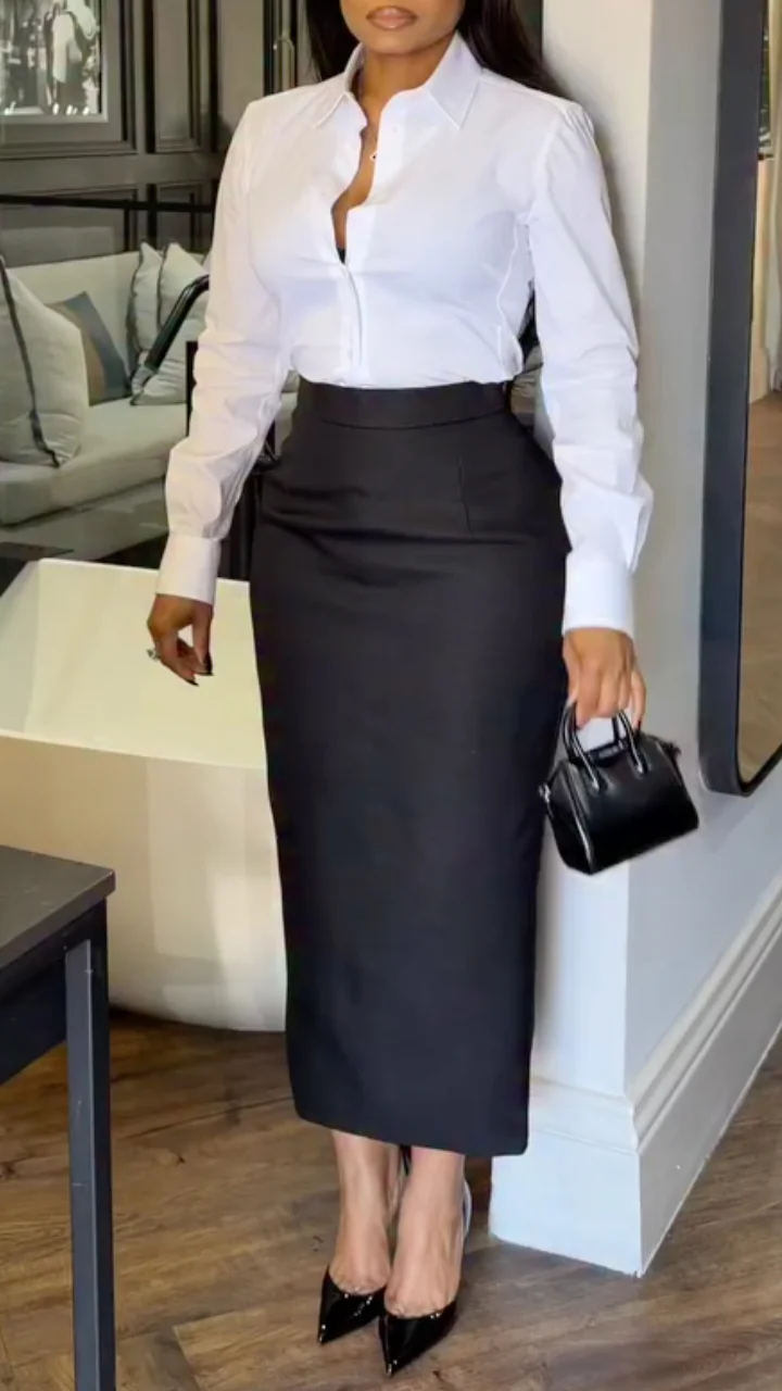Women's Collared Shirt + Skirt Commuter Suit