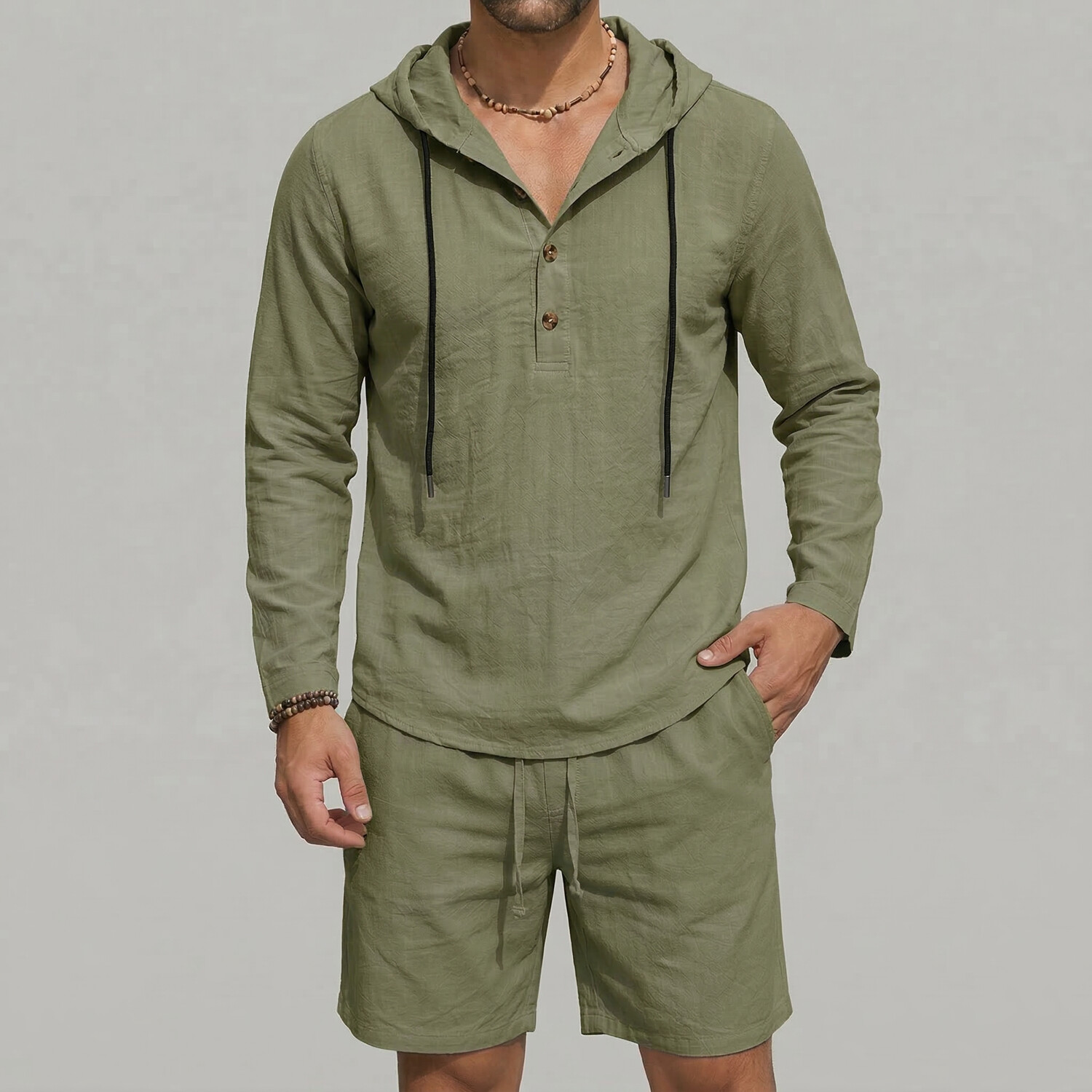 Men's Casual Plain Drawstring Long Sleeve Hooded Shirt & Slant Pocket Shorts 2Pcs Set