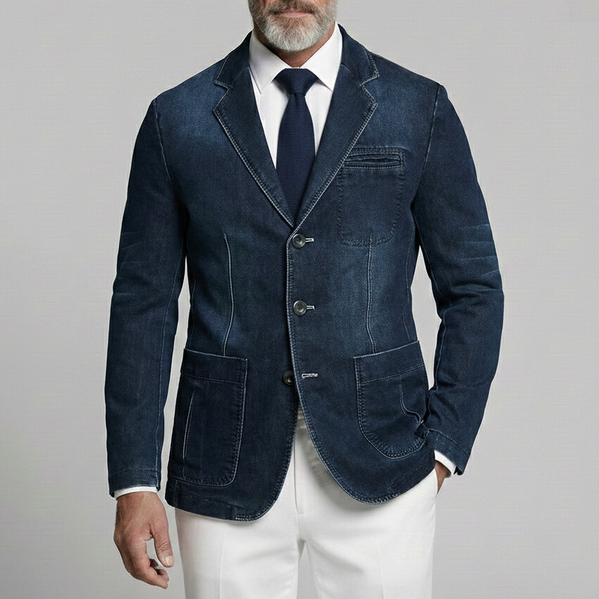 Men's Business Casual Denim Notched Lapel Single Breasted Pocket Long Sleeve Blazer