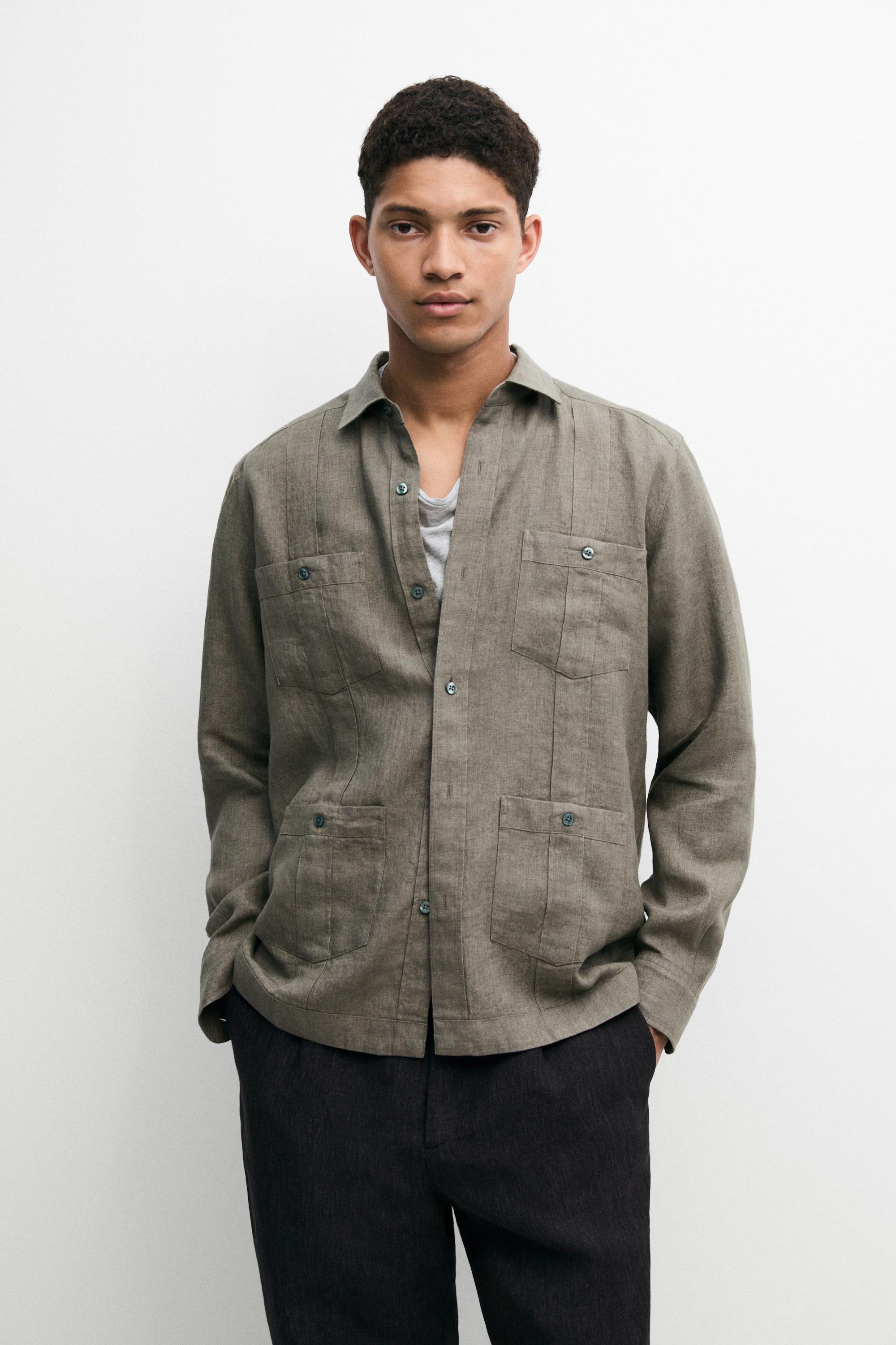 Camisa regular fit bolsillos 100% lino