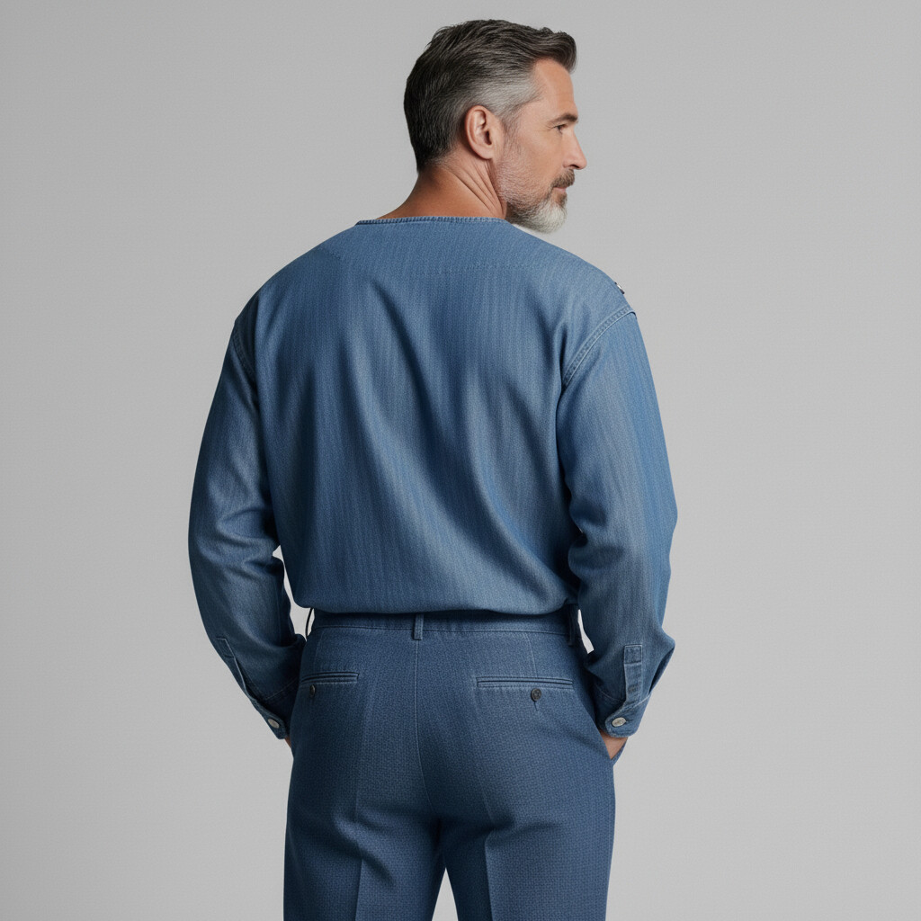 Men's Casual Denim V Neck Shoulder Buttons Long Sleeve T-Shirt