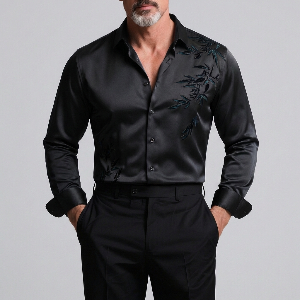 Men's Luxury Bamboo Leaf Single Breasted  Long Sleeve Shirt