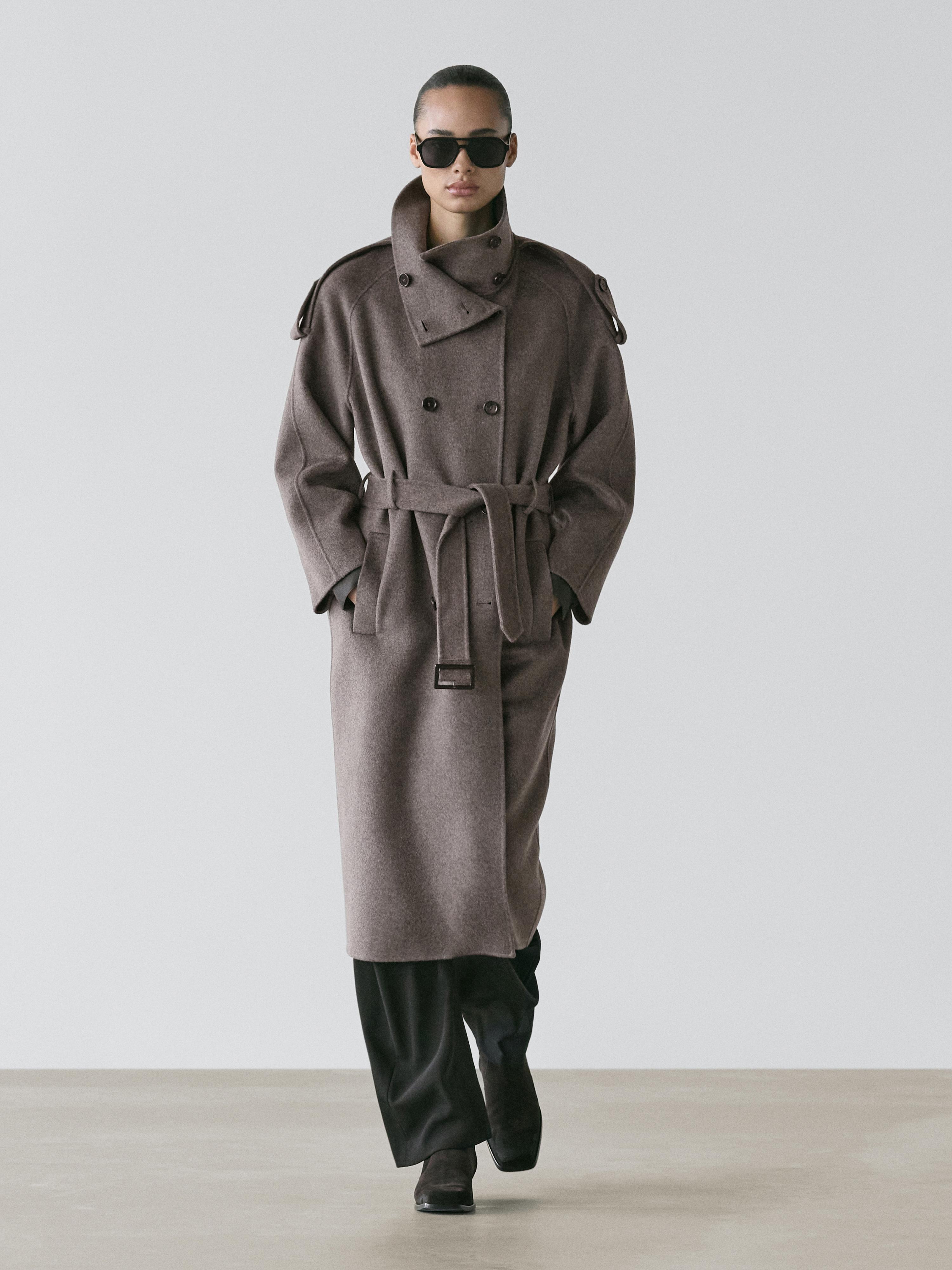 Abrigo trench largo cinturón mezcla lana