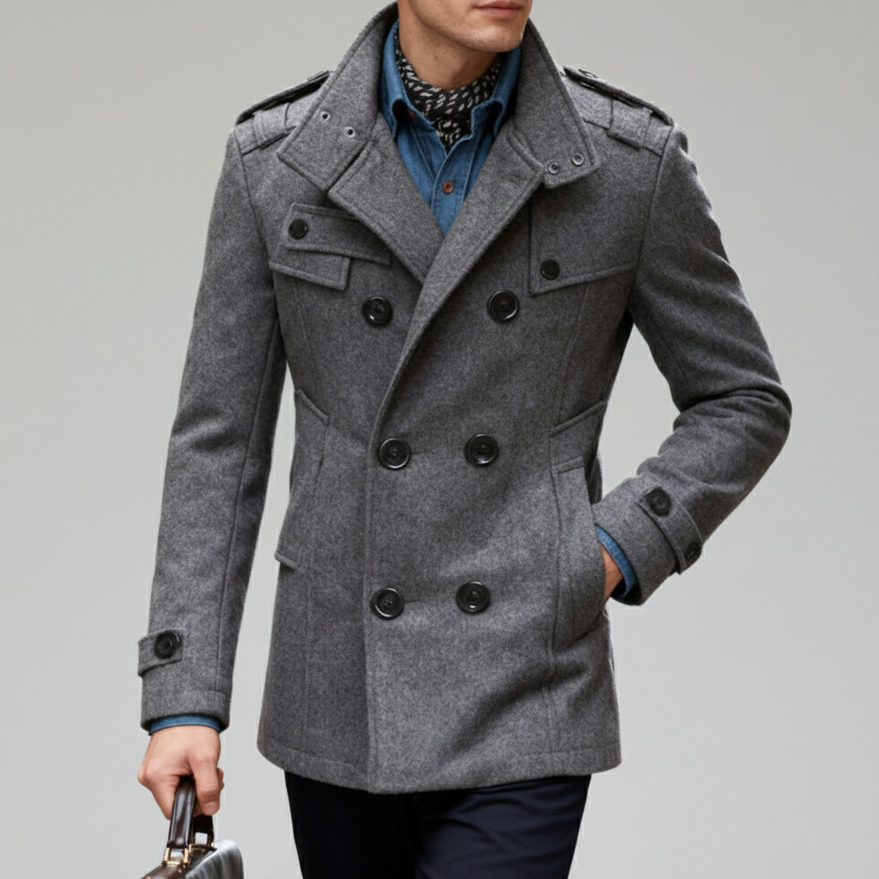 Men's Khaki Stand-Up Collar Long Sleeve Double Breasted Pocket Woolen Trench Coat