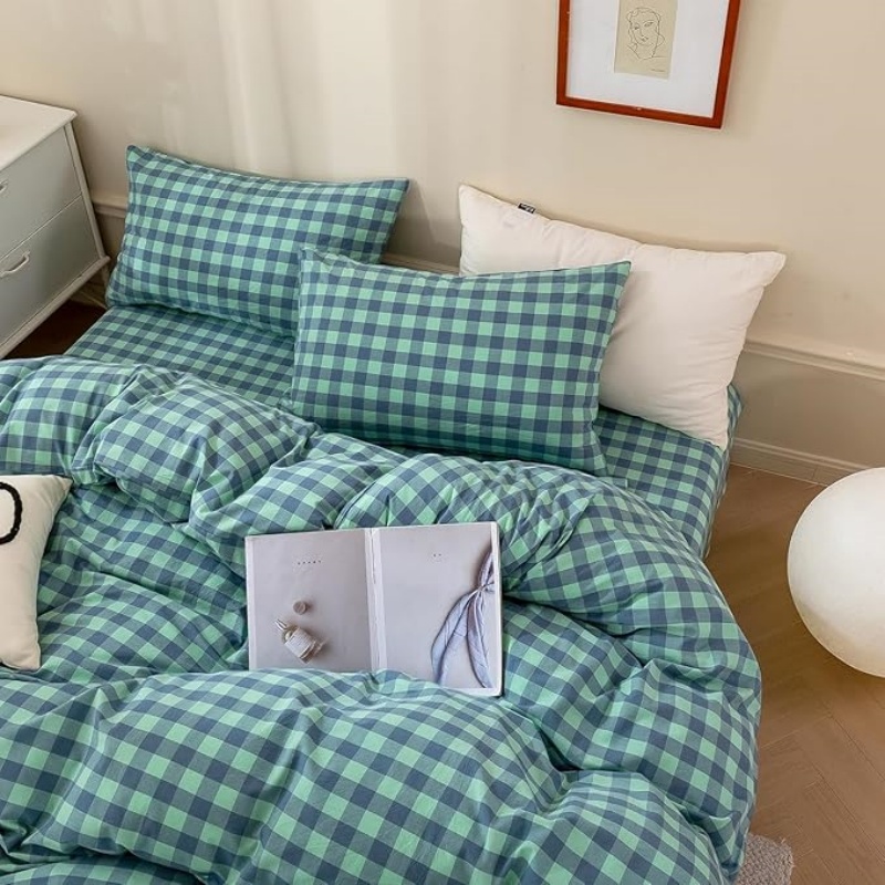 Green Gingham Grid Duvet Cover Queen