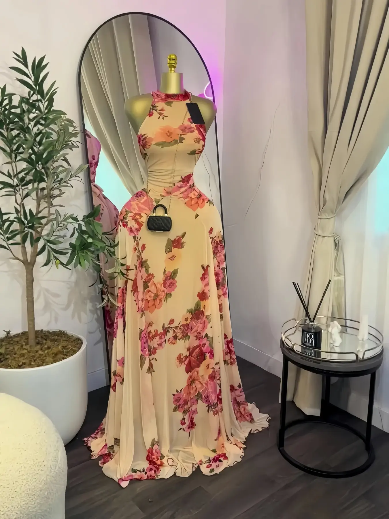 Women's O-Neck Sleeveless Stacked A-line Maxi Dress, Elegant Romantic Dress, Autumn Party Gown, Beach Evening Dress, Printed Long Dress for Birthdays, Jellyfish Camouflage Printed with Sashes Floor Length Dresses