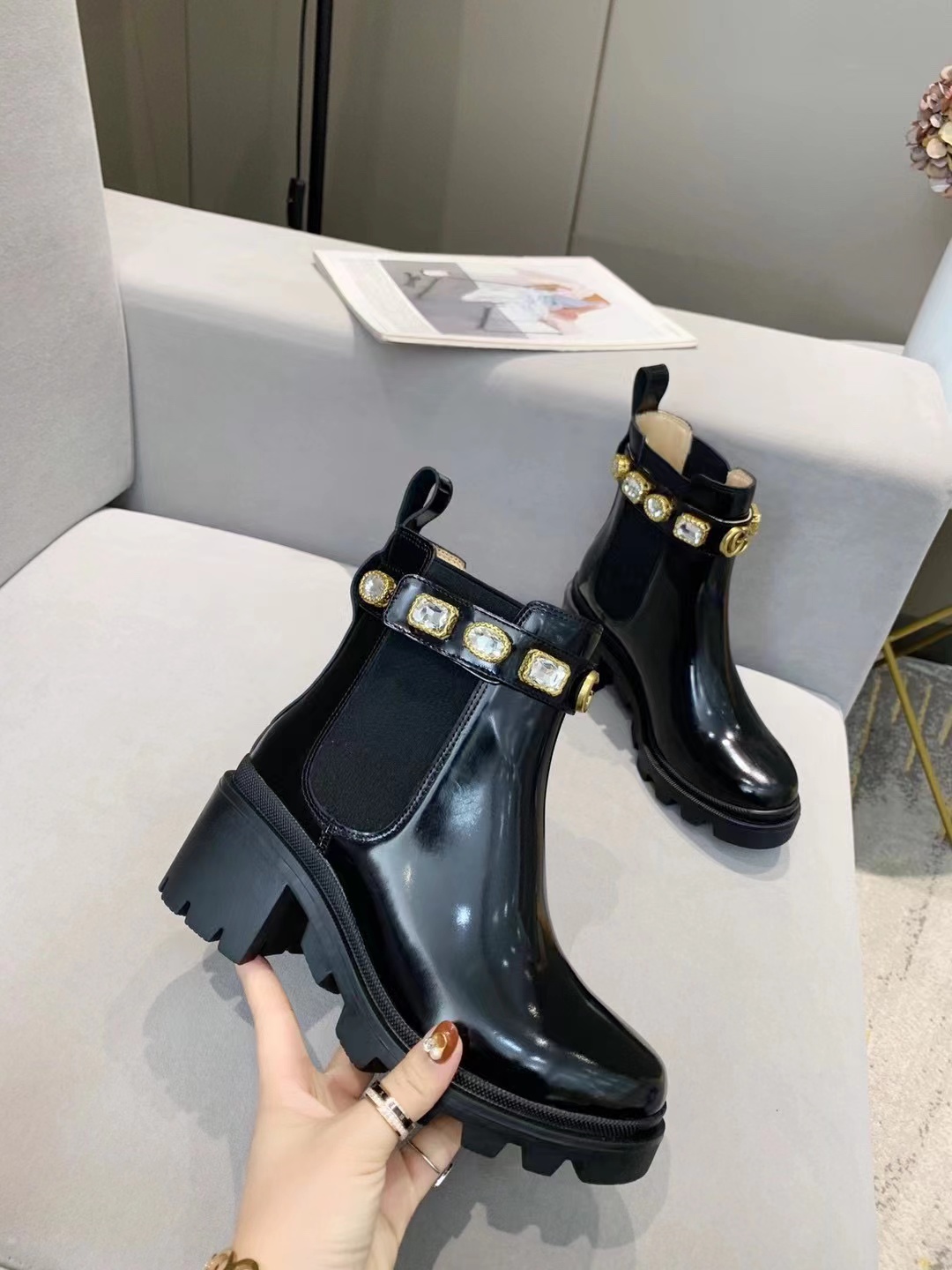 Classic Gemstones High Heels Leather Boot LX-872144