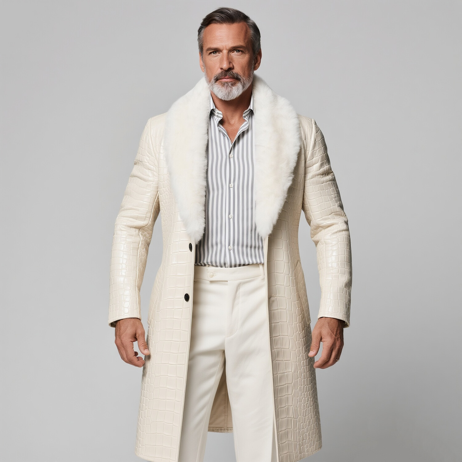 Men's Business Beige Fur Collar Long Sleeve Two Button Mid-Length Crocodile PU Leather Overcoat