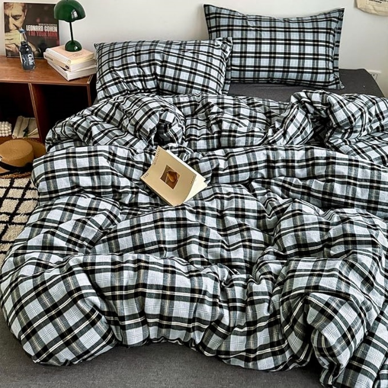 Vintage Grey & Pale Blue Buffalo Plaid Duvet Cover Set