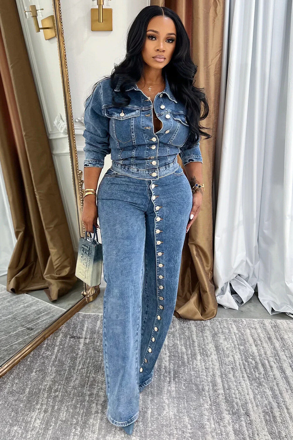 Pocket Button Decor Long Sleeve Jacket Pants Denim 2pcs Set-Blue