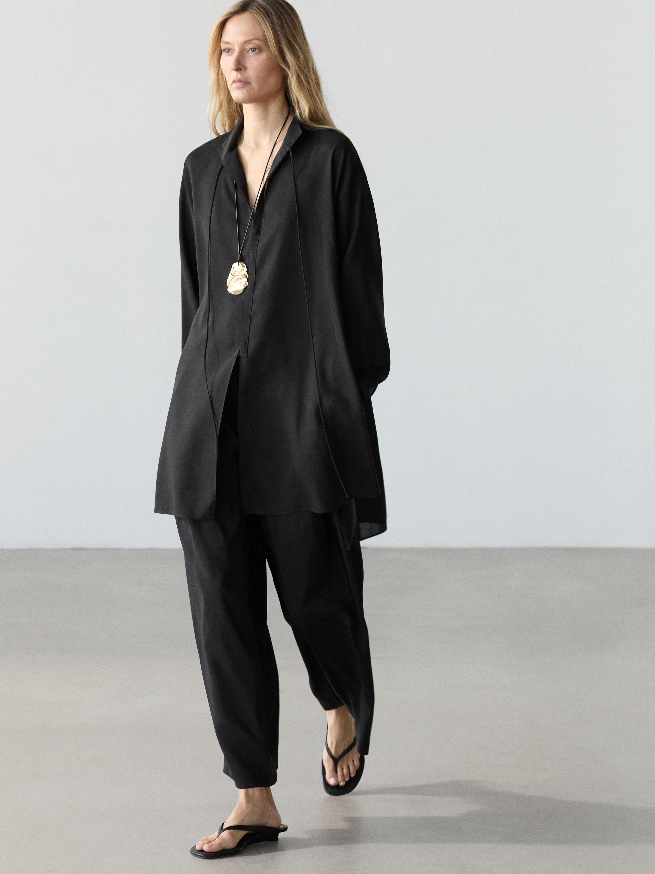 Camisa fluida cuello mao con lino
