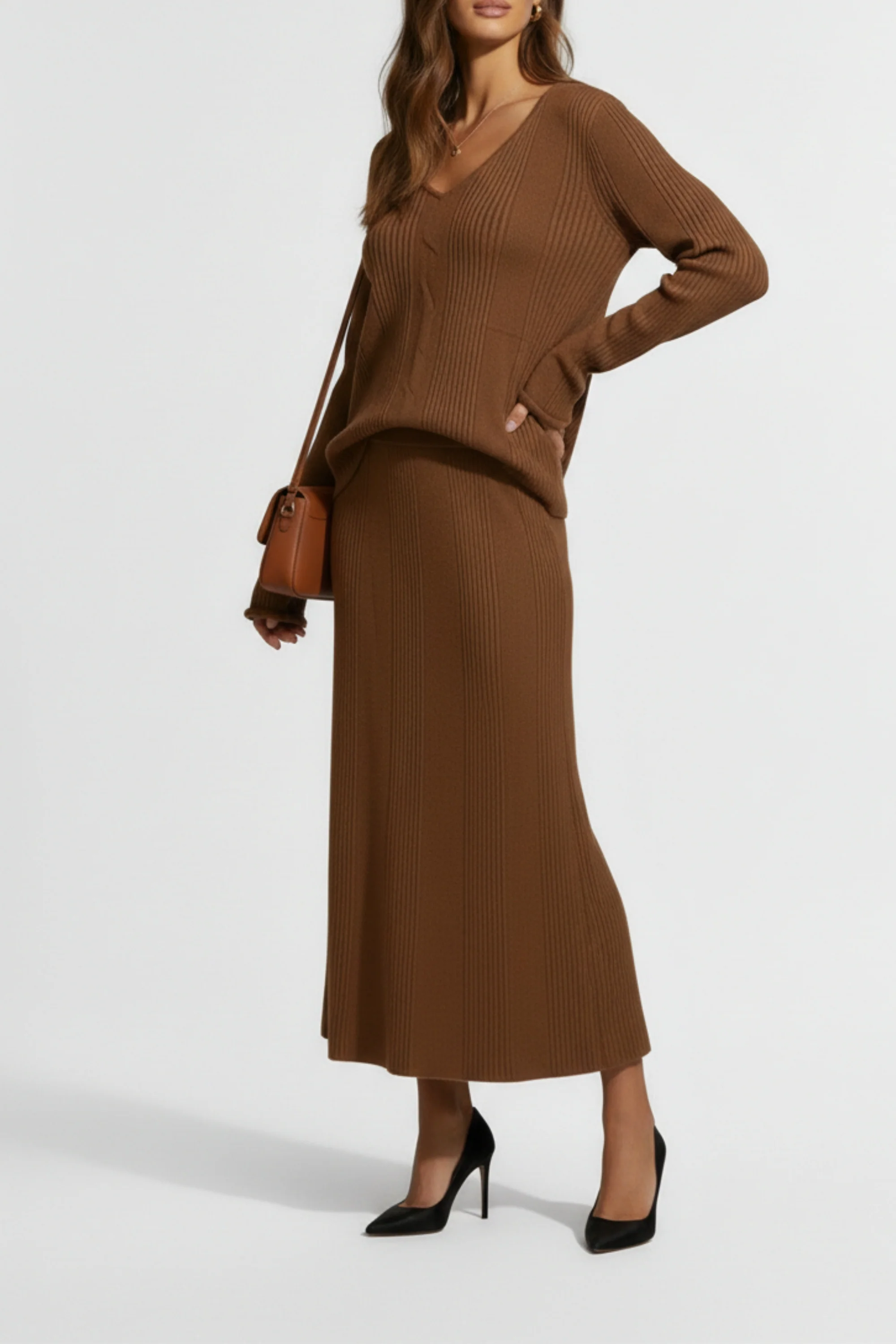 Mocha Ribbed Skirt Co-ord Set