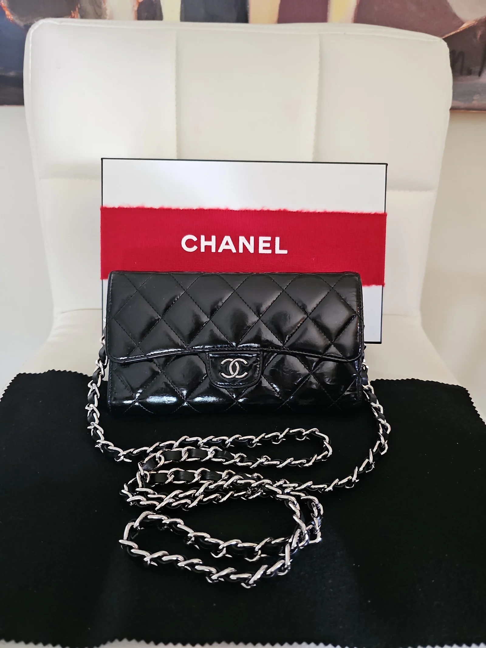 CHANEL Patent Leather Quilted Large Flap Wallet