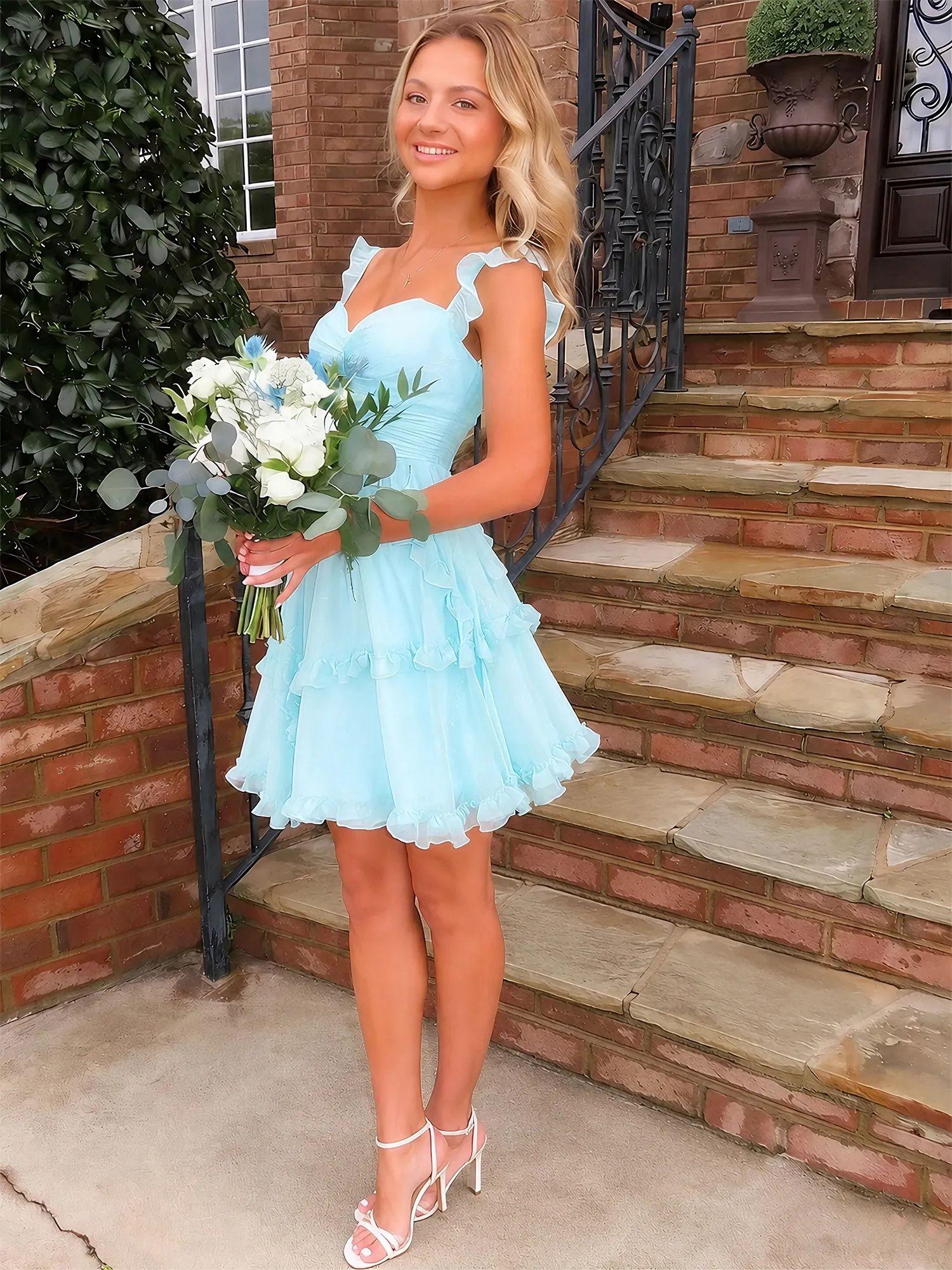Sweetheart Ruffle Strap Tiered Chiffon Mini Homecoming Dress