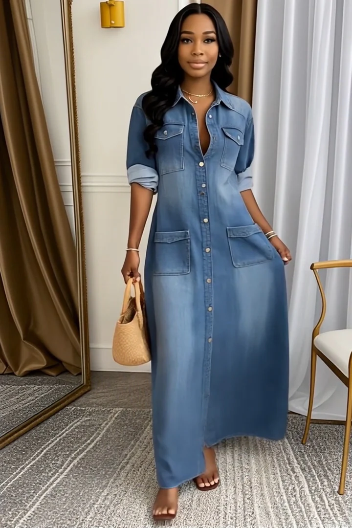 Ladies' Lapel Wash Water Splicing Pocket Casual Dress