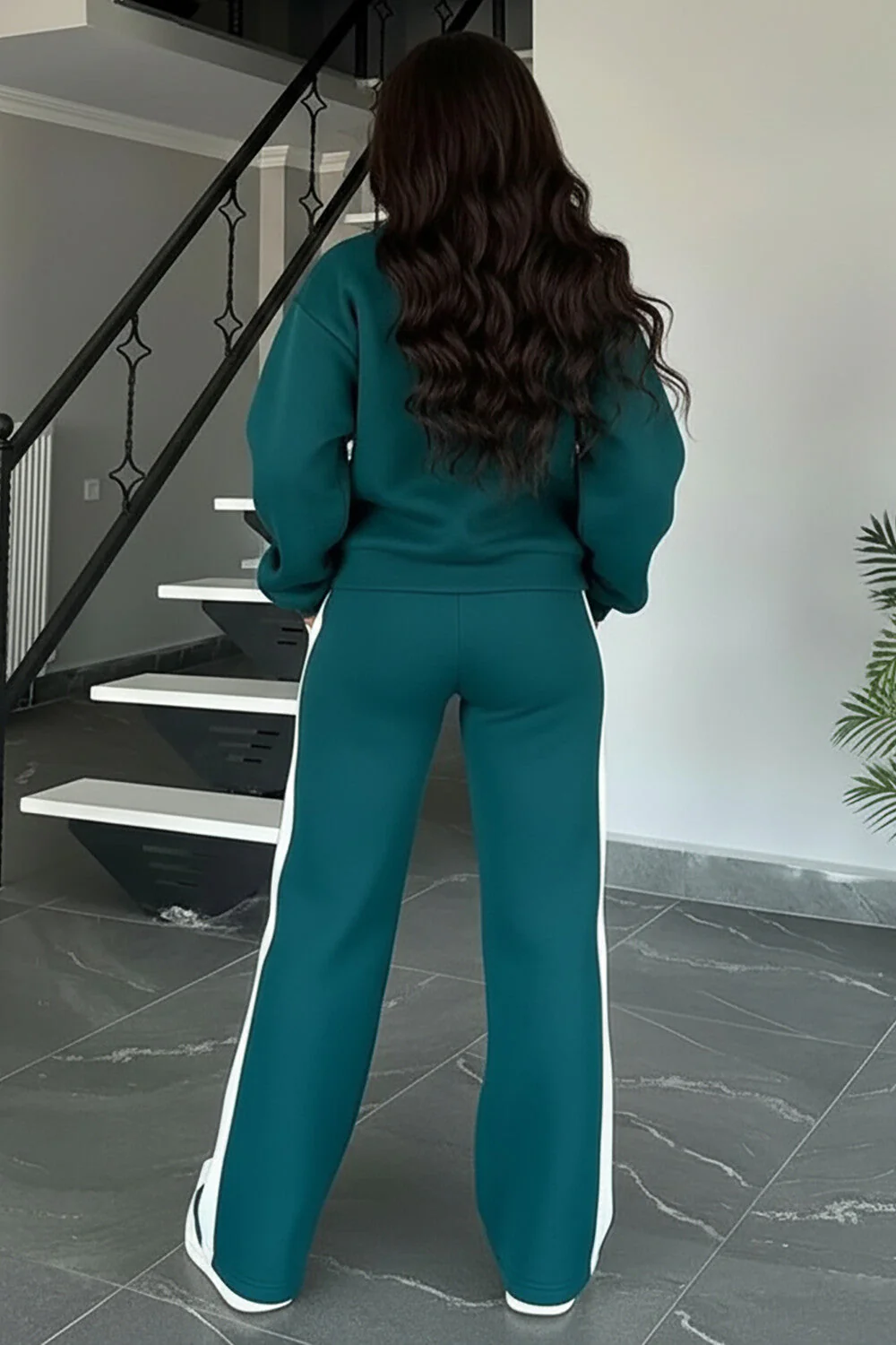 Long Sleeve Track Jacket Colorblock Striped Pants 2pcs Set-Teal [Pre Order]