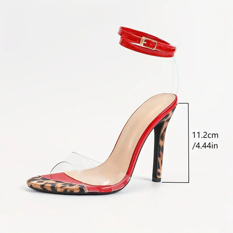 Round Toe Leopard Print Transparent Glass Glue One-Strap Ankle Wrap Stiletto Heels