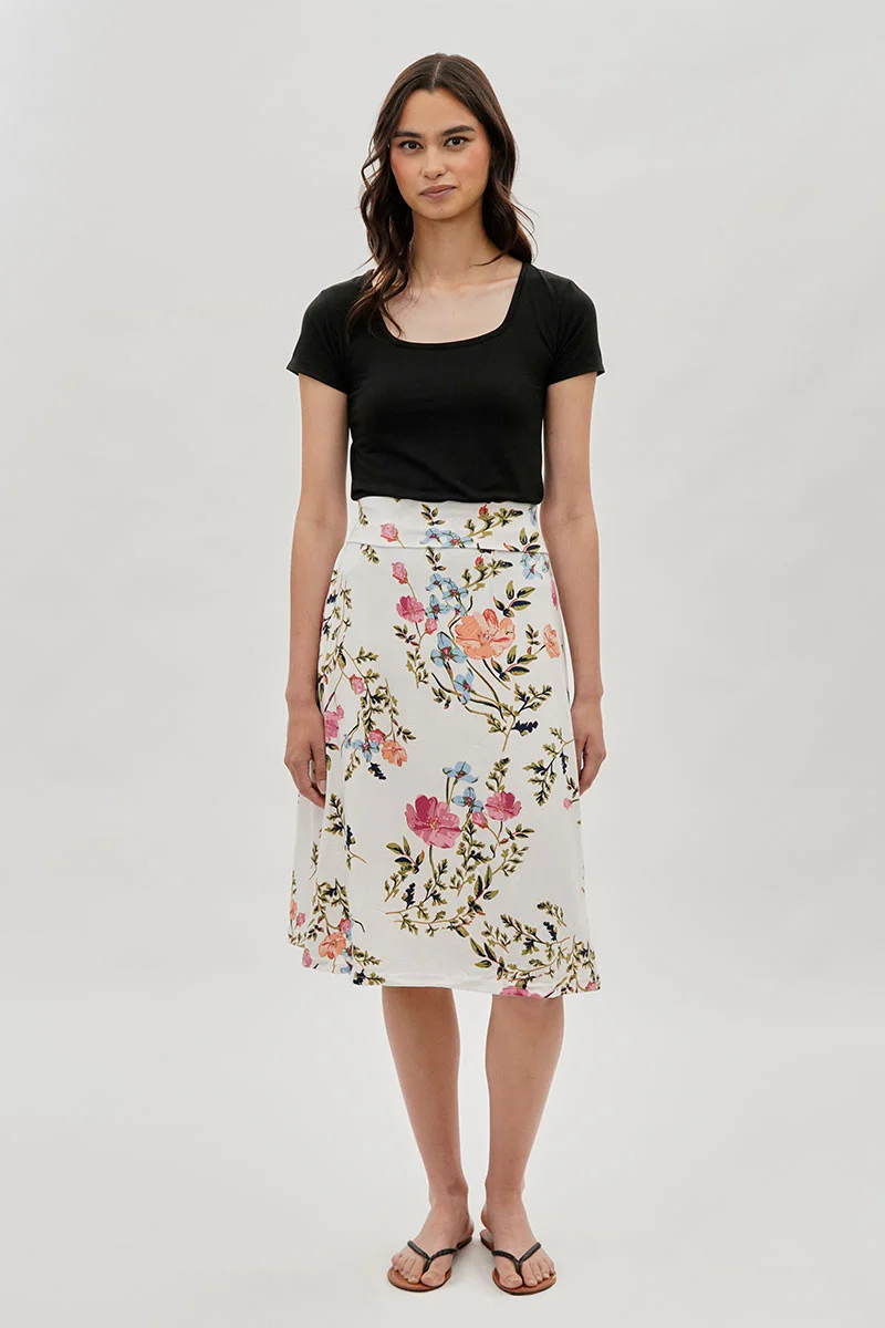 Floral Fold Over Midi Skirt - White