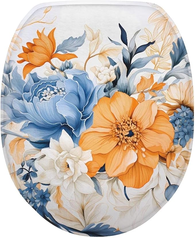 BATHLOOP Orange Blue Peony Flower Toilet Lid Covers Elongated Toilet Seat Lid Cover Universal Toilet Seat Cover