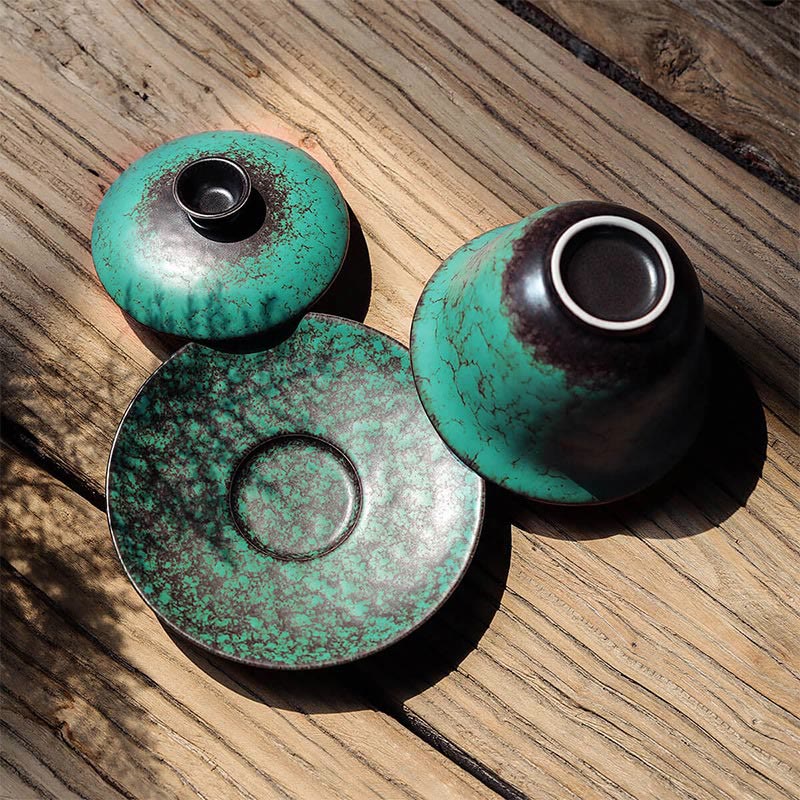 Retro Green Glaze Ceramic Gaiwan Sancai Teacup Kung Fu Tea Cup And Saucer With Lid