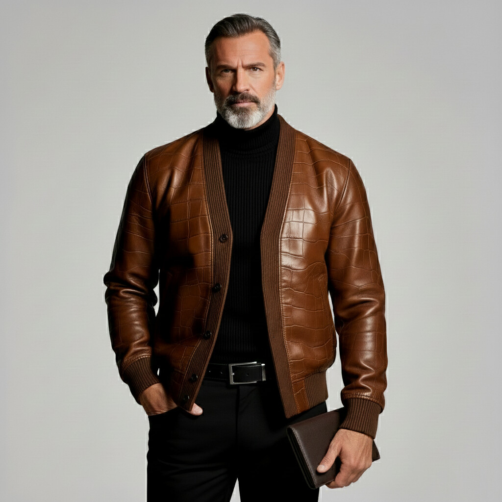Men's Fashion Crocodile Pattern PU Leather Brown V Neck Long Sleeve Jackets
