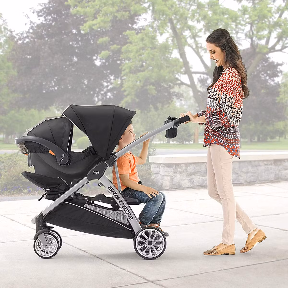 Chicco BravoFor2 Standing/Sitting Double Stroller + Keyfit 30 Travel System Bundle - Iron / Orion