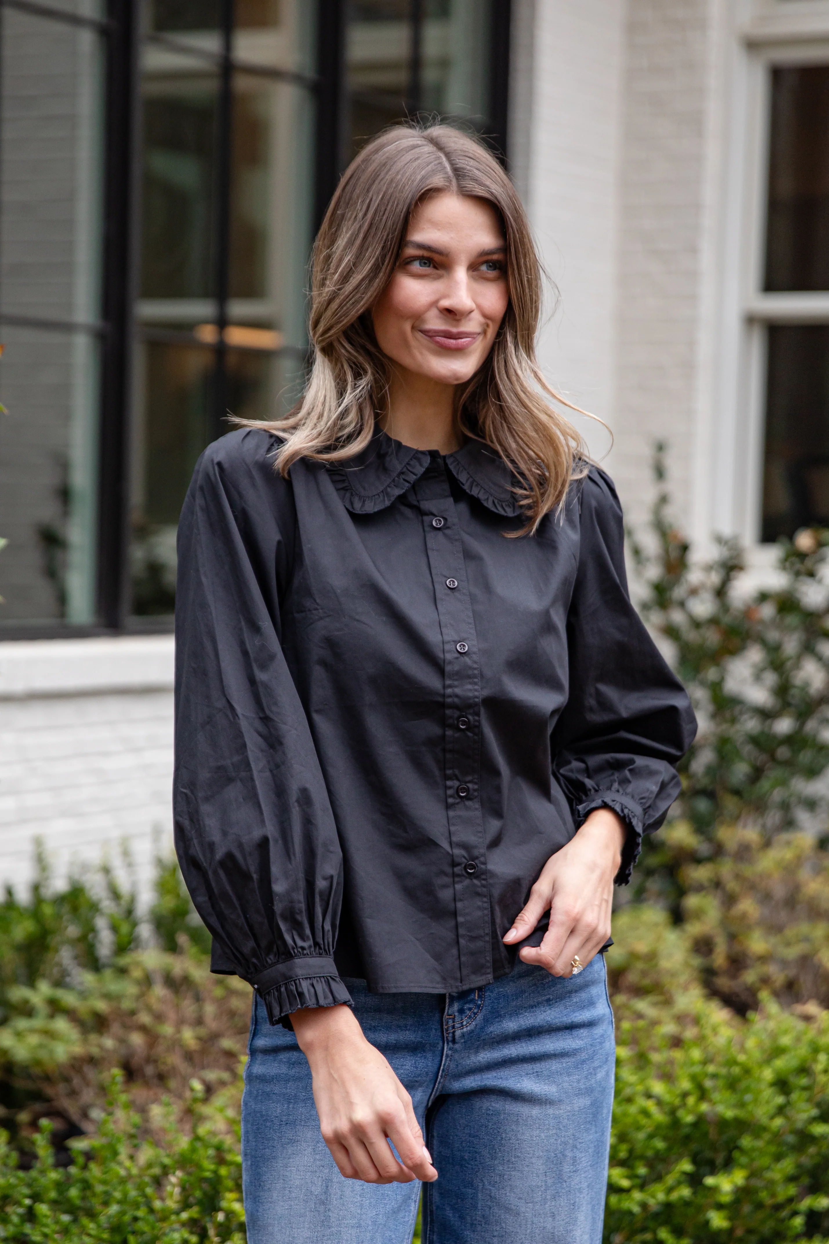 Everyday Ease Ruffle Button-Down Blouse