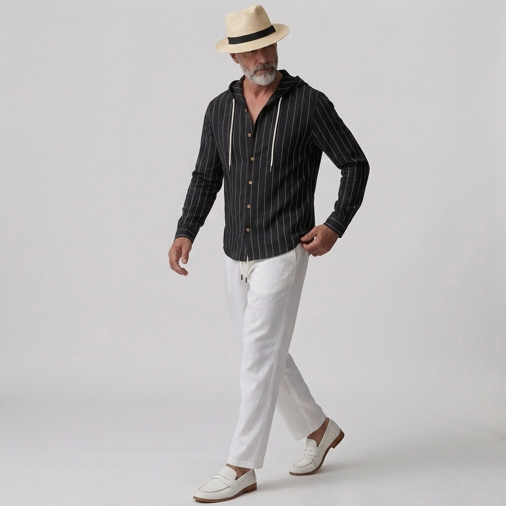 Men's Casual Striped Drawstring Hooded Single Breasted Long Sleeve Shirt