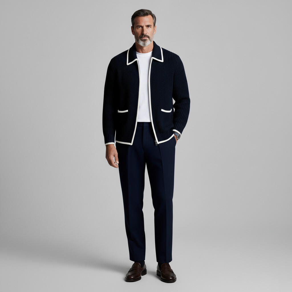 Men's Navy Blue Ribbed Knit Contrast Binding Shirt Collar Patch Pockets Long Sleeve Zip-Up Jacket