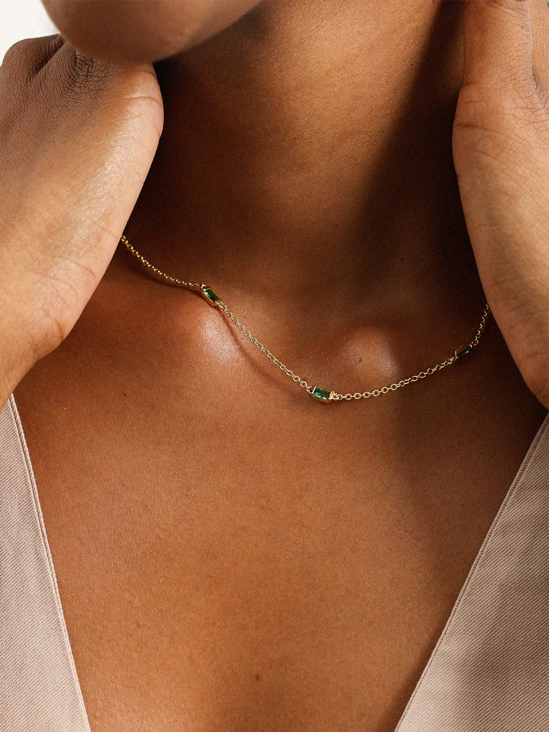 Green Baguette Crystal Station Necklace