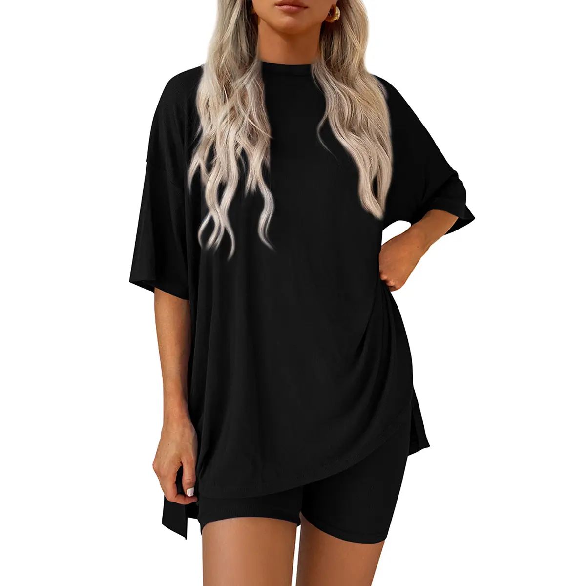 Women Summer  Casual Oversized  Split Hem Shirts & Side Pocket Biker Shorts