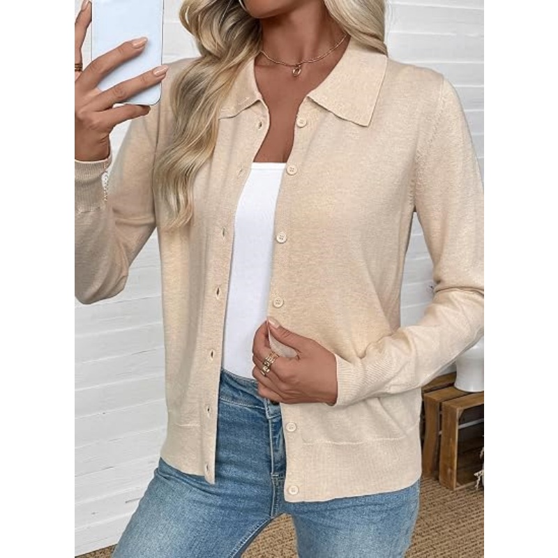 Women Lightweight Collared Button‑Down Knit Cardigan Long Sleeve Lapel Collar Casual Knit Outerwear Fall Fashion Outfits