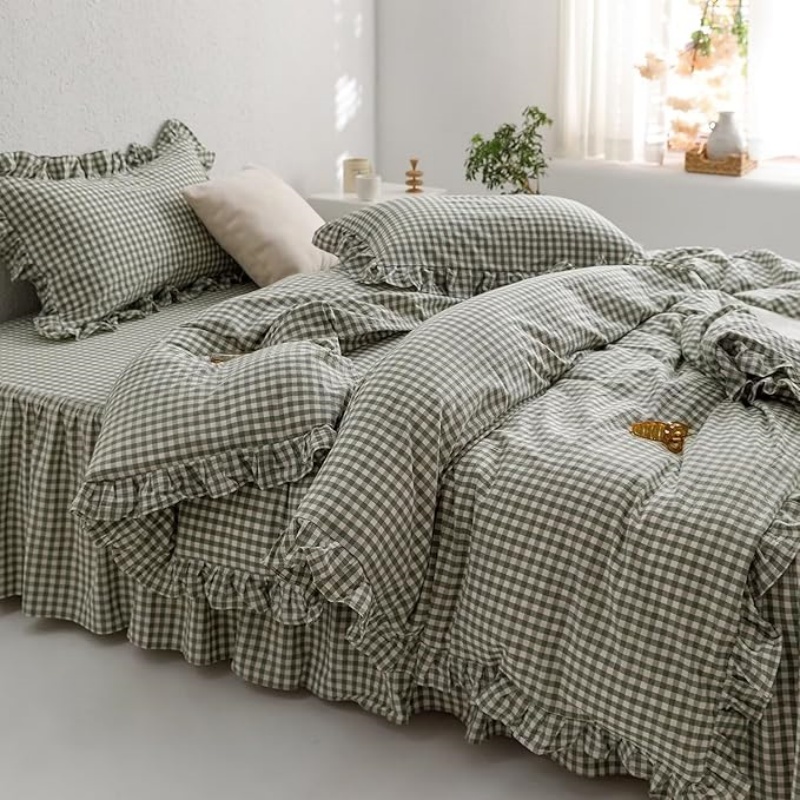 Green Gingham Ruffle Duvet Cover Queen