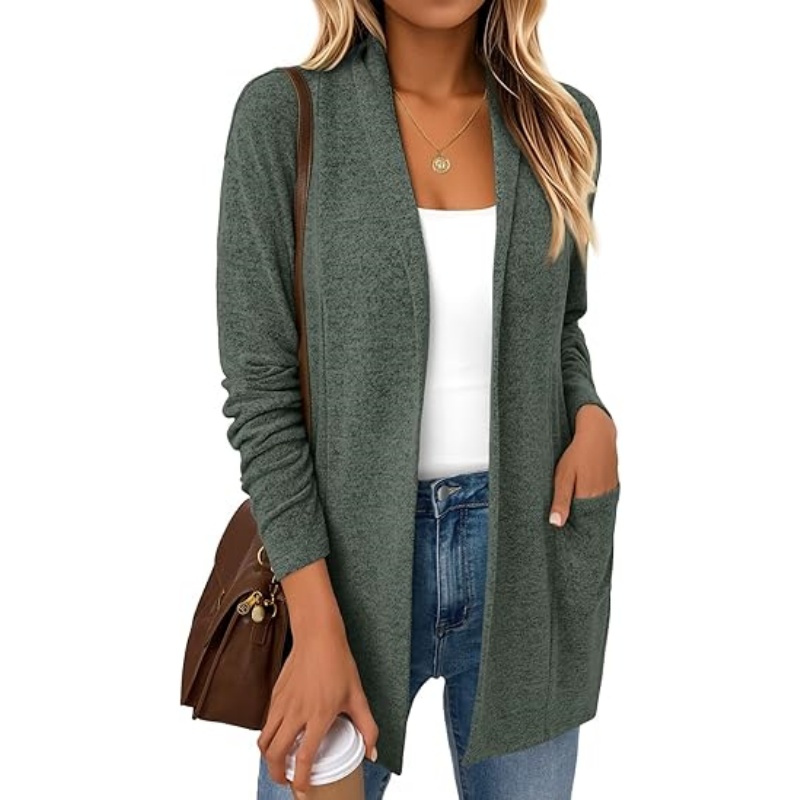 Women Lightweight Open Front Knit Cardigan Long Sleeve Fall Casual Cardigan with Pockets Soft Mid‑Length Outerwear