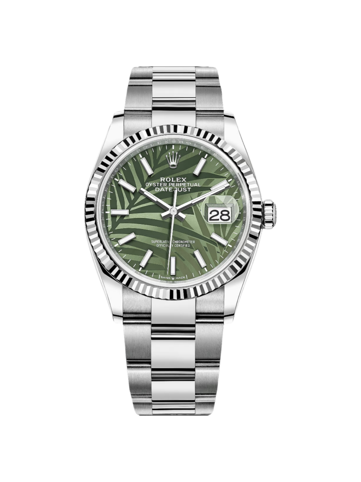 Rolex  Datejust 36mm 126234 Olive Green Palm Motif Dial Jubilee Stainless Steel Watch