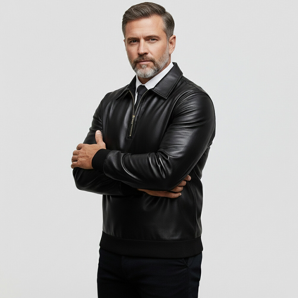 Men's Fashion Black PU Leather Shirt Collar Half Zip Long Sleeve Sweatshirts