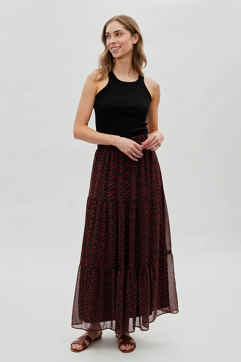 Tiered Chiffon Maxi Skirt - Black