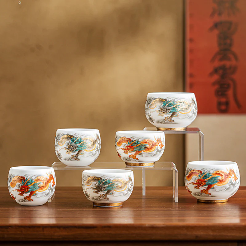 Dragon Phoenix Auspicious Clouds Ceramic Teacup Kung Fu Tea Cup With Gift Box