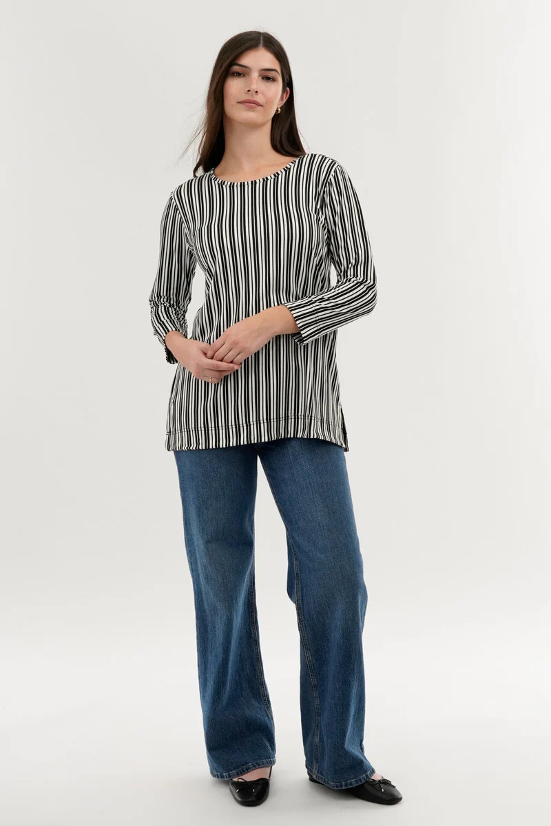 Striped 3/4 Sleeve Blouse - Black
