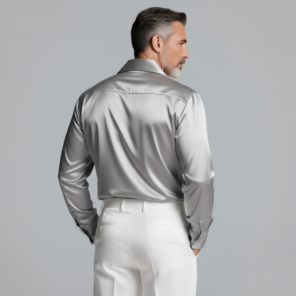 Men's Elegant Silver Lapel Collar Wrapped Buttons Satin Long Sleeve Shirt