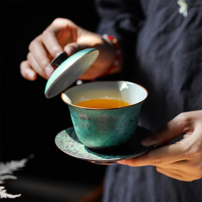 Retro Green Glaze Ceramic Gaiwan Sancai Teacup Kung Fu Tea Cup And Saucer With Lid