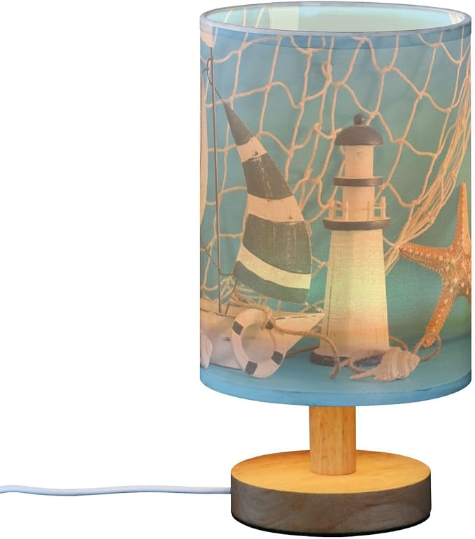 Table Lamp Nautical Sailboat Lighthouse Starfish Seashell Fishnet Blue Wood Nightstand Lamp