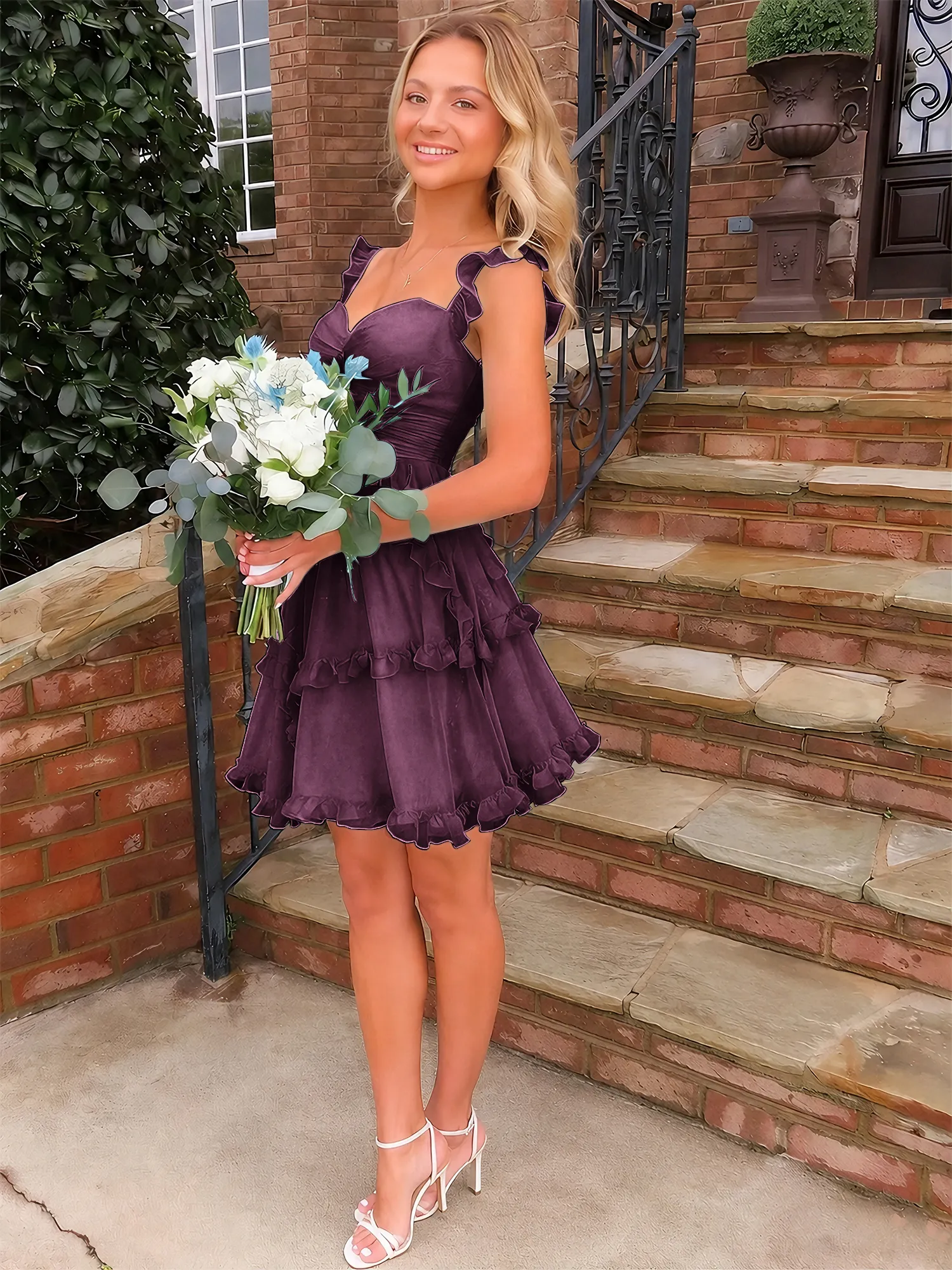 Sweetheart Ruffle Strap Tiered Chiffon Mini Homecoming Dress