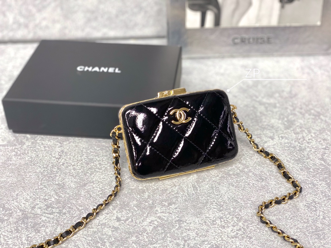 Chanel Framed Box Mini Quilted Patent Leather Chain Clutch Bag Black